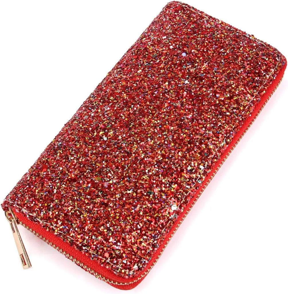 RIAH FASHION Rainbow Glitter Zip Around Wallet - Sparkly Confetti Single Zipper Clutch Purse with Card Slots (Rainbow - Red)