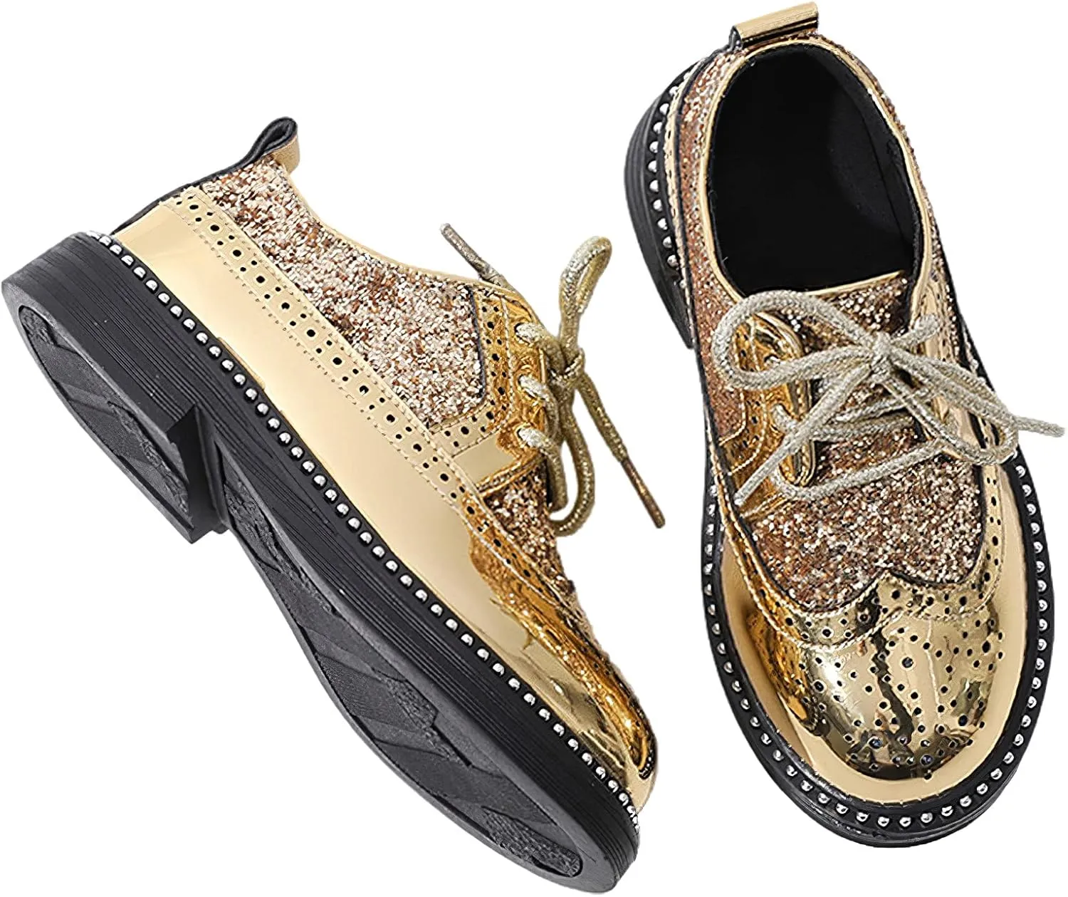 rismart Boys Girls Lace-up Oxfords Brogue Wingtip Shiny Sequin School Uniform Dress Shoes for Wedding Birthday Performance