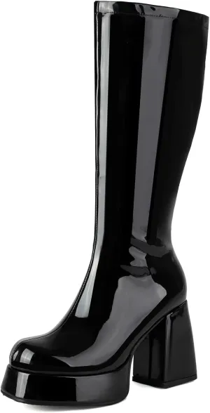 Roimaash Women's Mid-Calf Boots for Women Metallic Patent Platform Boots