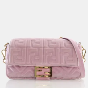 Rosa Confetti Velvet FF Embossed Baguette Shoulder Bags