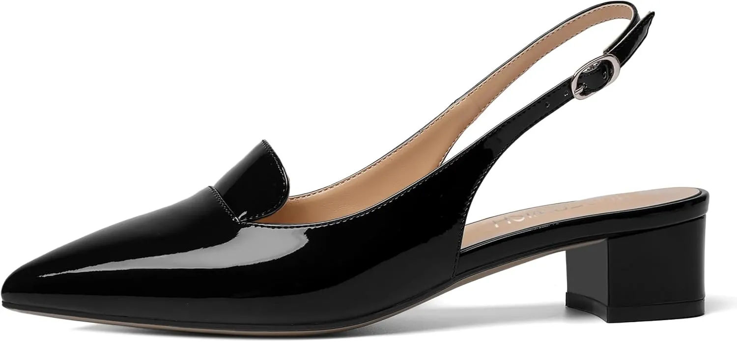 ROSERWISH Womens Buckle Work Pointed Toe Casual Patent Fashion Slingback Chunky Low Heel Pumps Dress Shoes 1.5 Inch