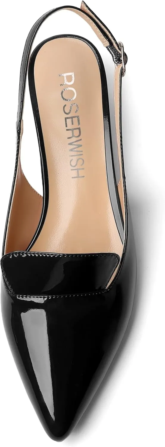 ROSERWISH Womens Buckle Work Pointed Toe Casual Patent Fashion Slingback Chunky Low Heel Pumps Dress Shoes 1.5 Inch