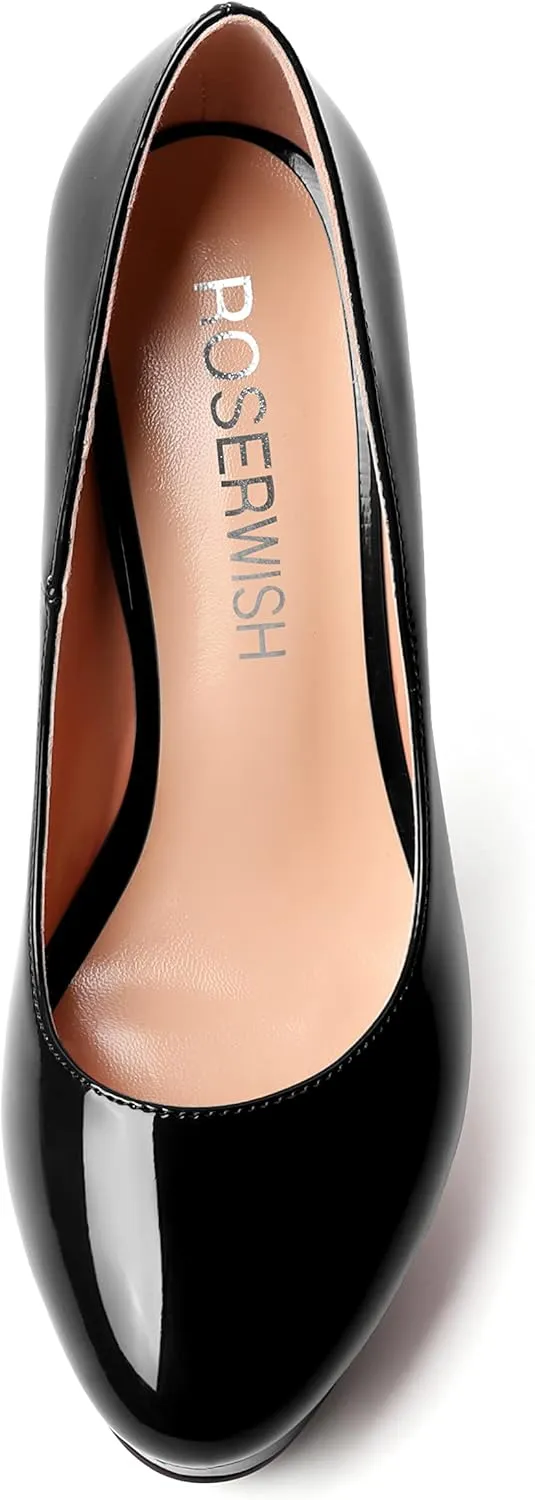 ROSERWISH Womens Round Toe Slip On Platform Patent Sexy Evening Party Stiletto High Heel Pumps Dress Shoes 5 Inch