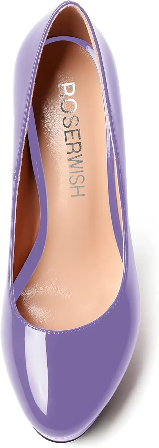 ROSERWISH Womens Round Toe Slip On Platform Patent Sexy Evening Party Stiletto High Heel Pumps Dress Shoes 5 Inch