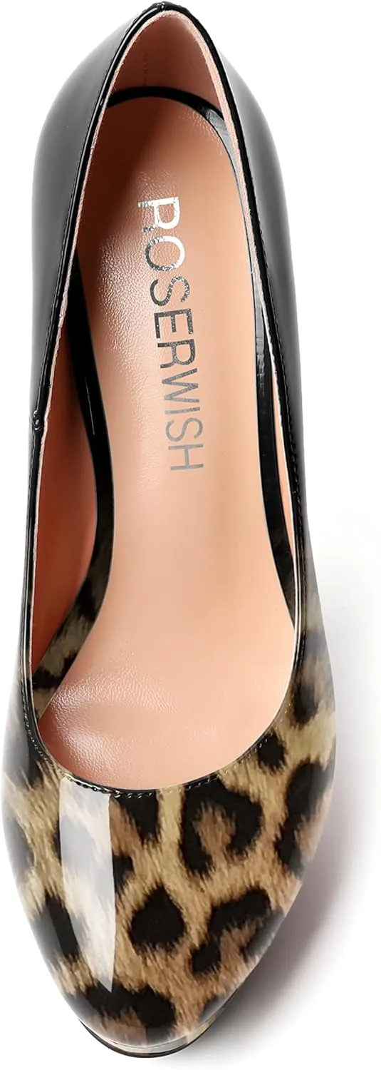 ROSERWISH Womens Round Toe Slip On Platform Patent Sexy Evening Party Stiletto High Heel Pumps Dress Shoes 5 Inch