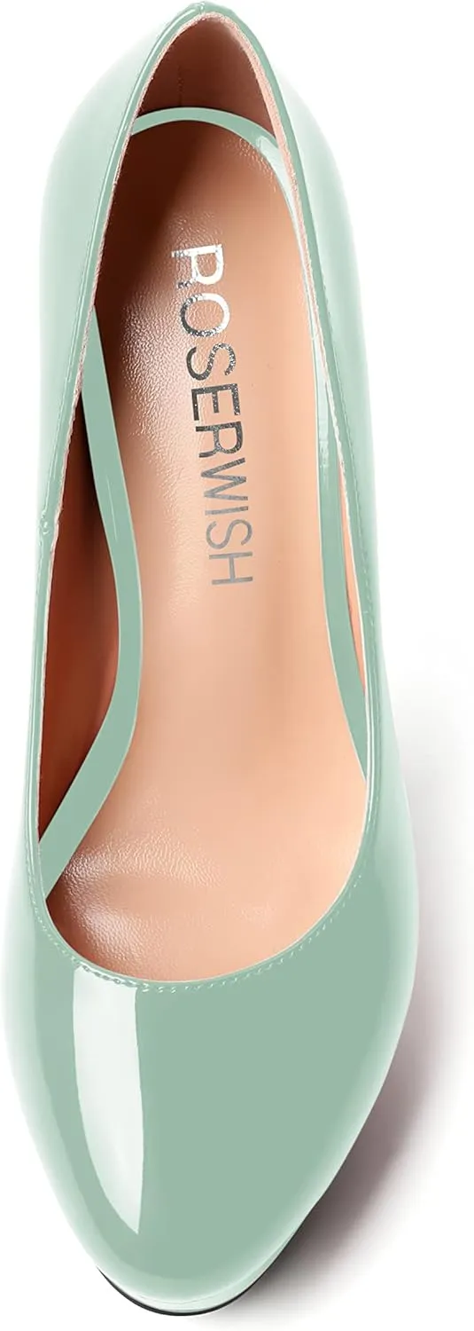 ROSERWISH Womens Round Toe Slip On Platform Patent Sexy Evening Party Stiletto High Heel Pumps Dress Shoes 5 Inch