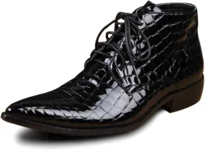 Rui Landed Ankle Boot for Men High Top Boot Lace Up Style Premium Genuine Leather Patent Leather Crocodile Texture Middle Heel (Iron Toe Optional) (Color : Black, Size : 12 M US)