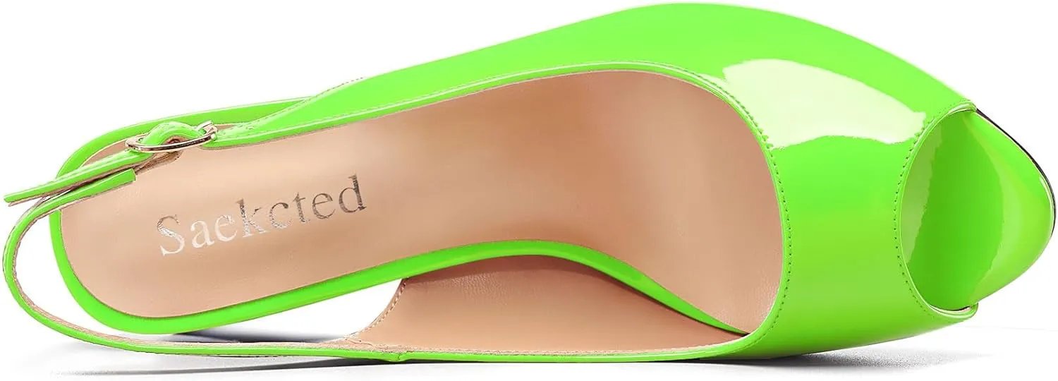 Saekcted Womens Mid Heel Peep Open Toe Pumps Sandals Ankle Strap Slingback Slip-on Buckle Prom Cute Dress Patent Leather Summer 3.3 Inches Heels