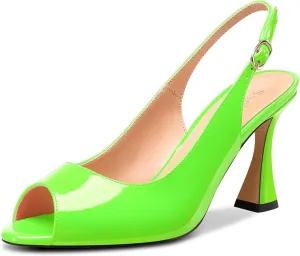 Saekcted Womens Mid Heel Peep Open Toe Pumps Sandals Ankle Strap Slingback Slip-on Buckle Prom Cute Dress Patent Leather Summer 3.3 Inches Heels