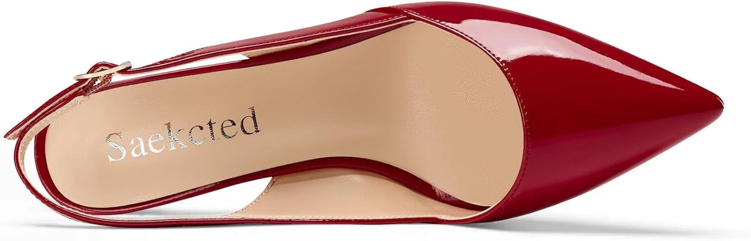 Saekcted Womens Mid Heel Pointed Toe Pumps Ankle Strap Slingback Slip-on Prom Cute Patent Leather Summer 2.6 Inches Heels