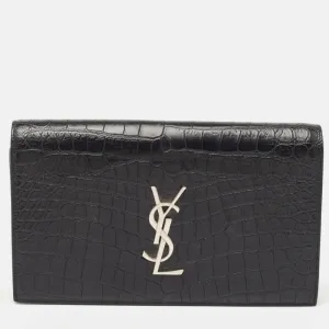 Saint Laurent Black Croc Embossed Leather Monogram Kate Clutch