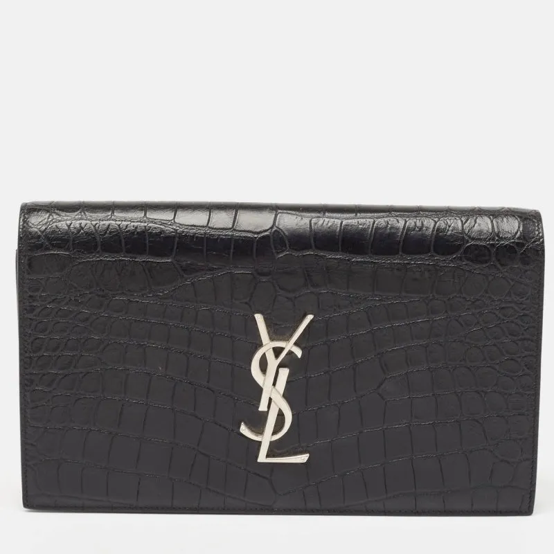 Saint Laurent Black Croc Embossed Leather Monogram Kate Clutch