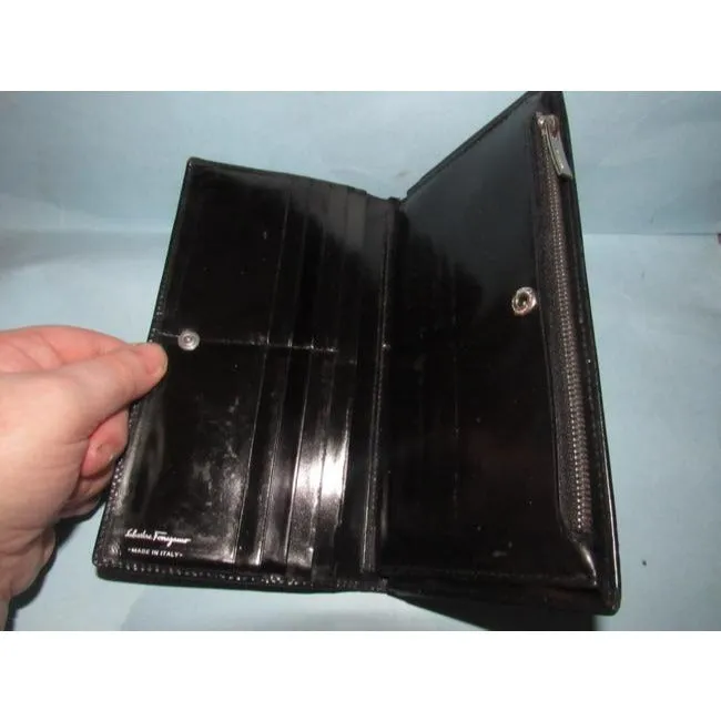 Salvatore Ferragamo Black Glossy Leather Vintage Wallet