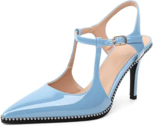 SAMMITOP Womens High Heels Pointed Toe Ankle Strap Pumps Silver Beaded T-Strap Stilettos Sexy Heeled Office Wedding Dress Shoes 3.5 Inch