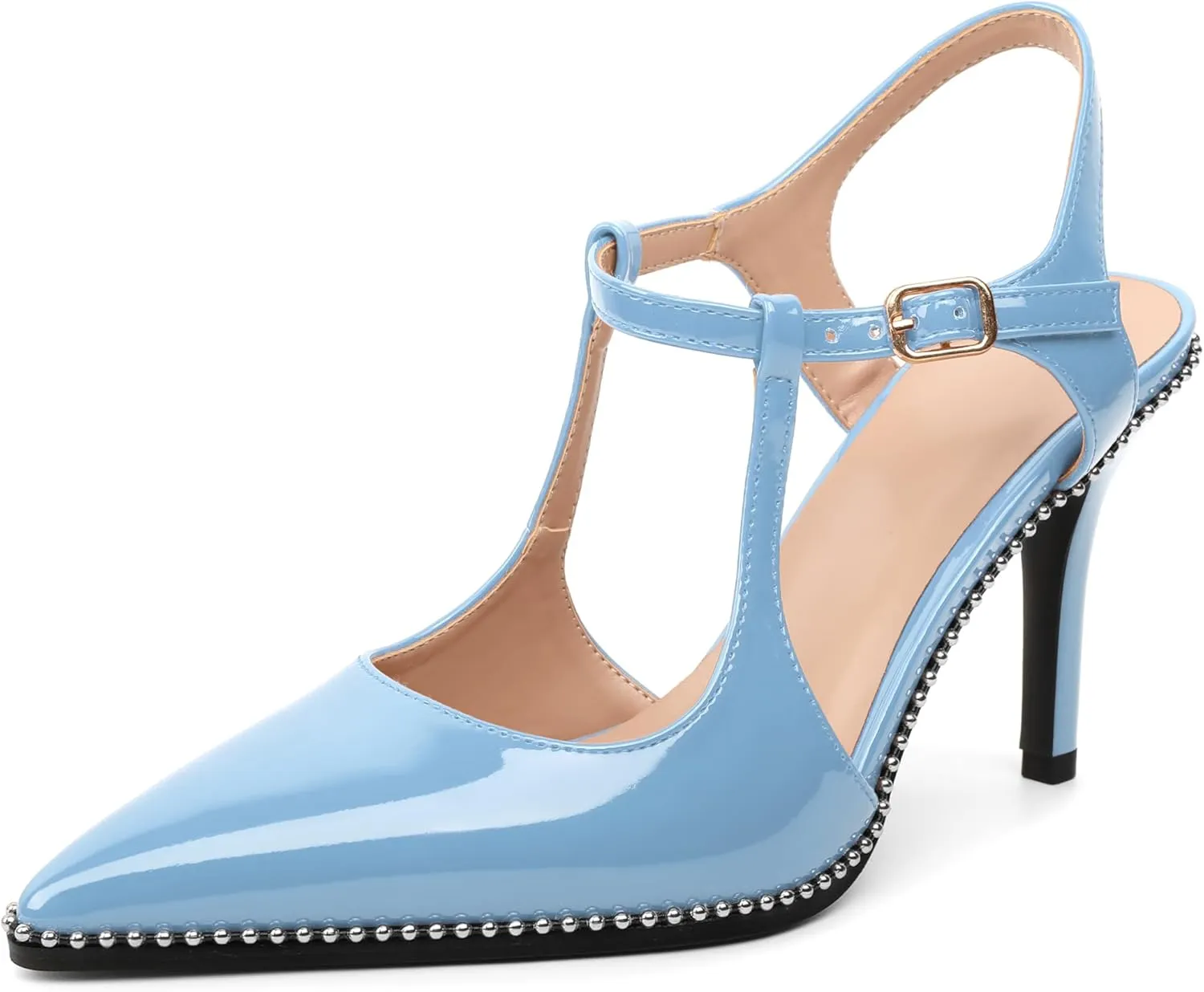 SAMMITOP Womens High Heels Pointed Toe Ankle Strap Pumps Silver Beaded T-Strap Stilettos Sexy Heeled Office Wedding Dress Shoes 3.5 Inch