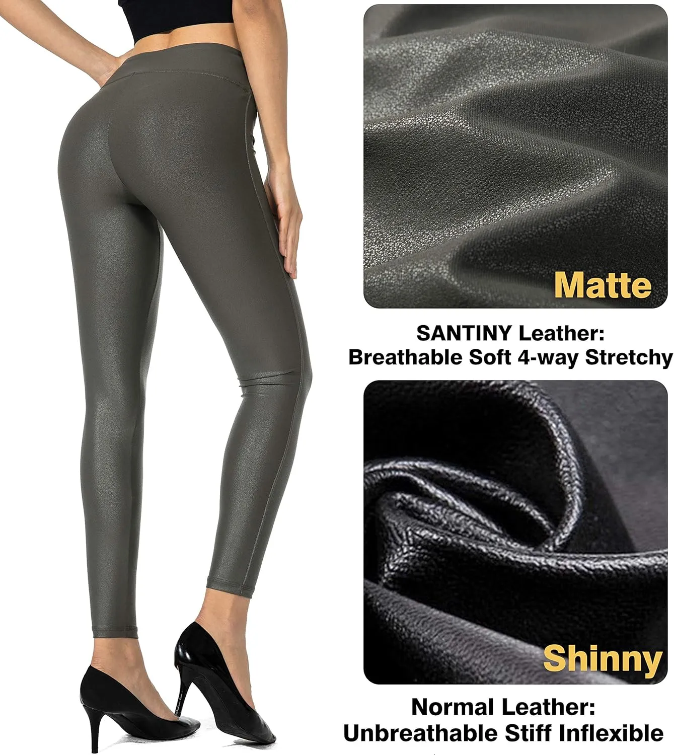 SANTINY Women's Faux Leather Leggings Pants Stretch High Waisted Tights for Women