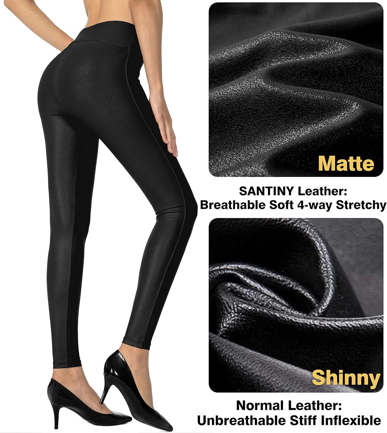 SANTINY Women's Faux Leather Leggings Pants Stretch High Waisted Tights for Women