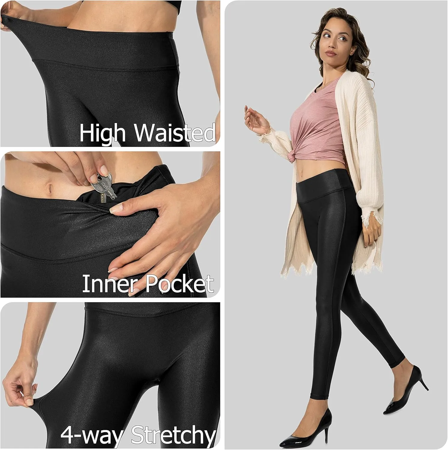 SANTINY Women's Faux Leather Leggings Pants Stretch High Waisted Tights for Women