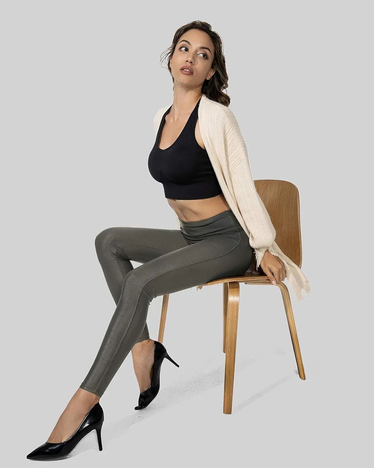 SANTINY Women's Faux Leather Leggings Pants Stretch High Waisted Tights for Women