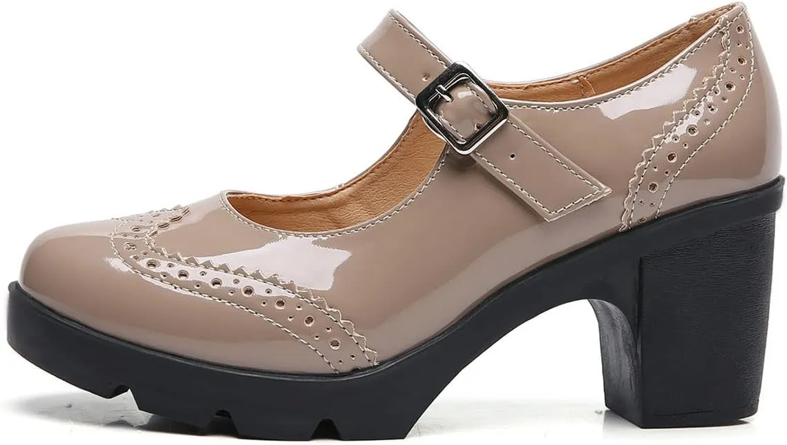 SHEMEE Women's Chunky Platform Patent Leather Mary Janes Pumps Buckle Ankle Strap Block High Heels Wingtip Oxfords Dress Shoes Uniform