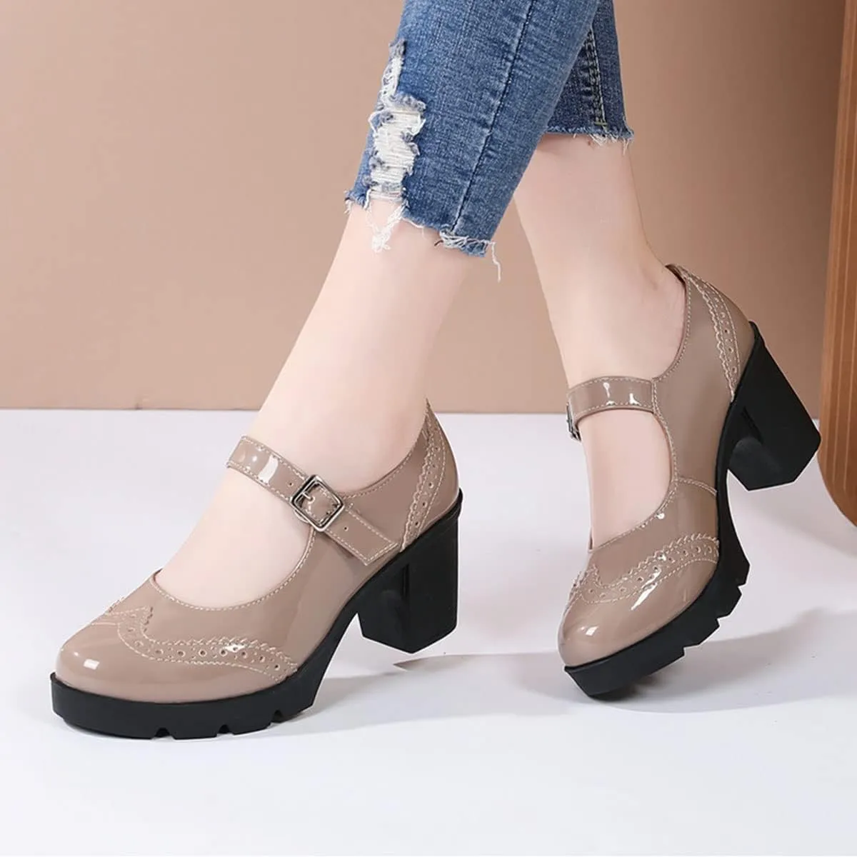 SHEMEE Women's Chunky Platform Patent Leather Mary Janes Pumps Buckle Ankle Strap Block High Heels Wingtip Oxfords Dress Shoes Uniform