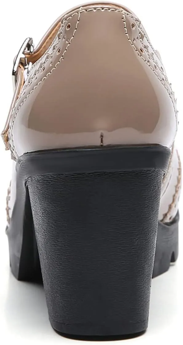 SHEMEE Women's Chunky Platform Patent Leather Mary Janes Pumps Buckle Ankle Strap Block High Heels Wingtip Oxfords Dress Shoes Uniform