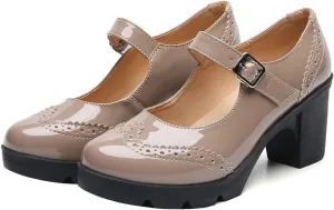 SHEMEE Women's Chunky Platform Patent Leather Mary Janes Pumps Buckle Ankle Strap Block High Heels Wingtip Oxfords Dress Shoes Uniform