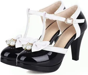SHEMEE Women's Patent Leather T-Strap Mary Jane Pumps Chunky High Heel Platform Ankle Strap Buckle Round Toe Cute Bow Kawaii Cosplay Shoes