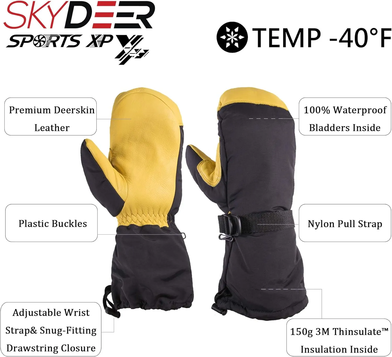 SKYDEER Waterproof and Windproof Genuine Deerskin Leather Ski Gloves with 150g 3M Thinsulate Insulation (SD8648T)