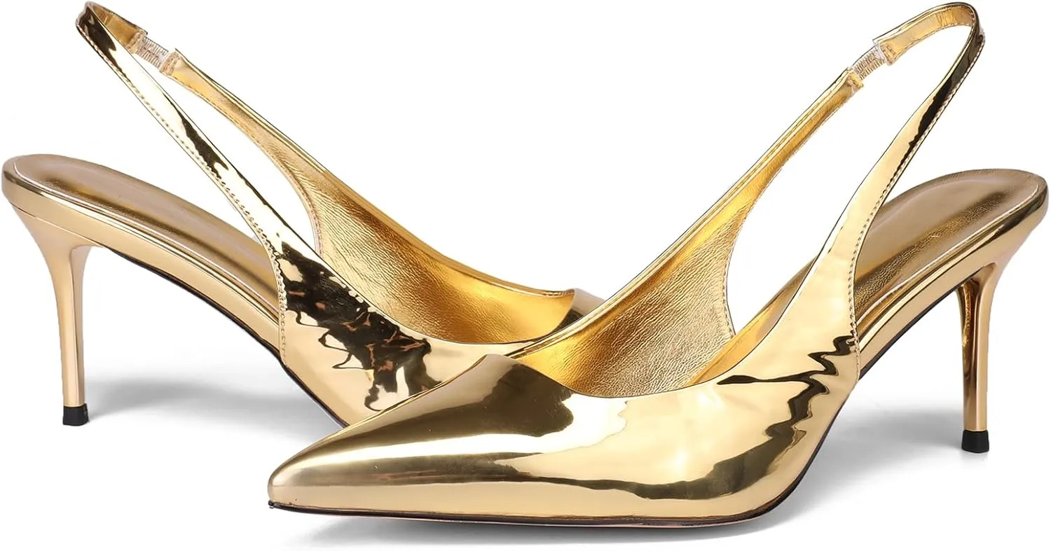 Slingback Heels for Women Patent Leather Stiletto Heel Pumps Pointed Toe Slip On Dress Shoes
