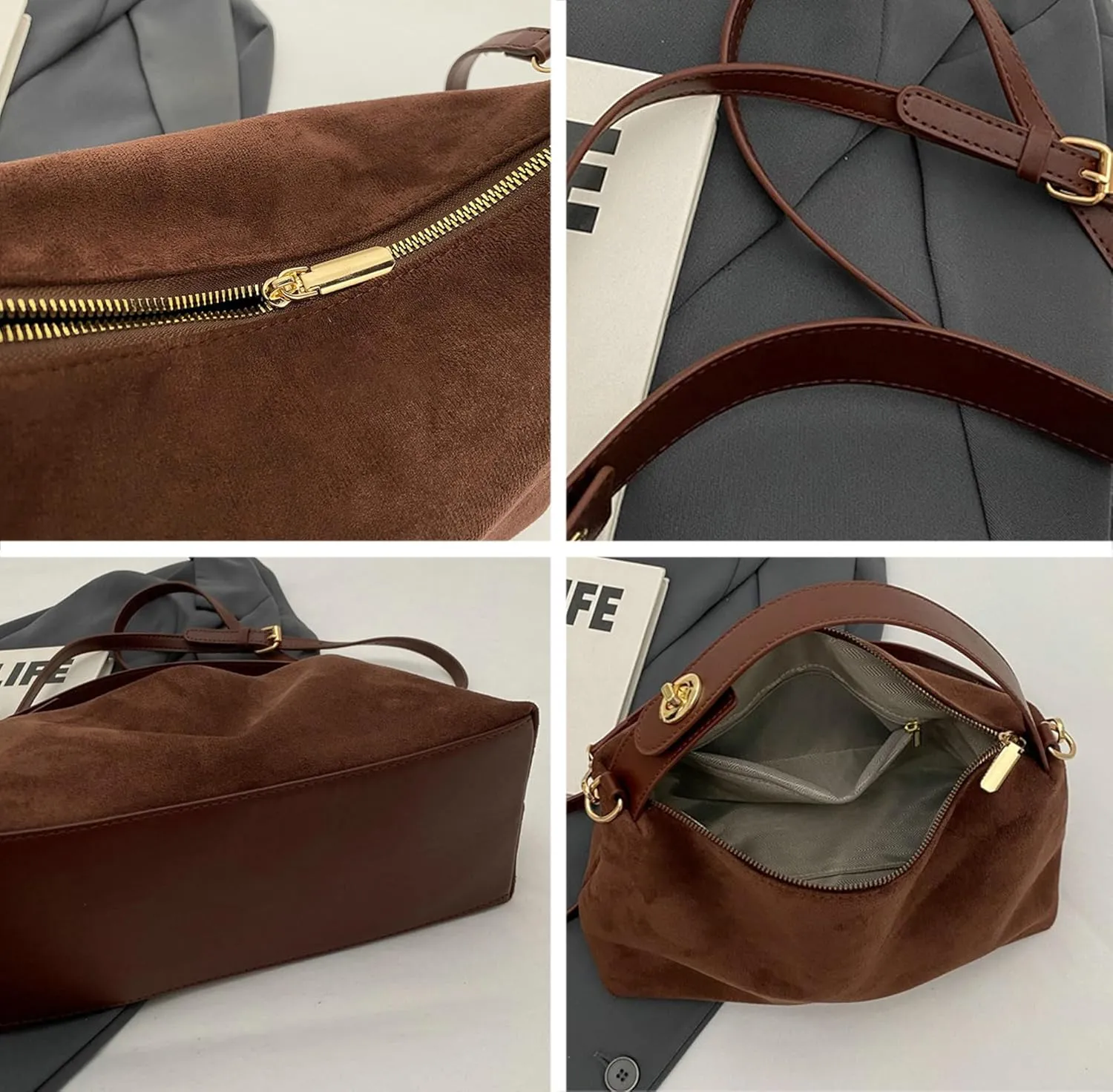 Slouchy Boston Bag Retro Suede Crossbody Bags for Women Elegant Purses Office Tote Crescent Handbag Cloud Bag Work Bag