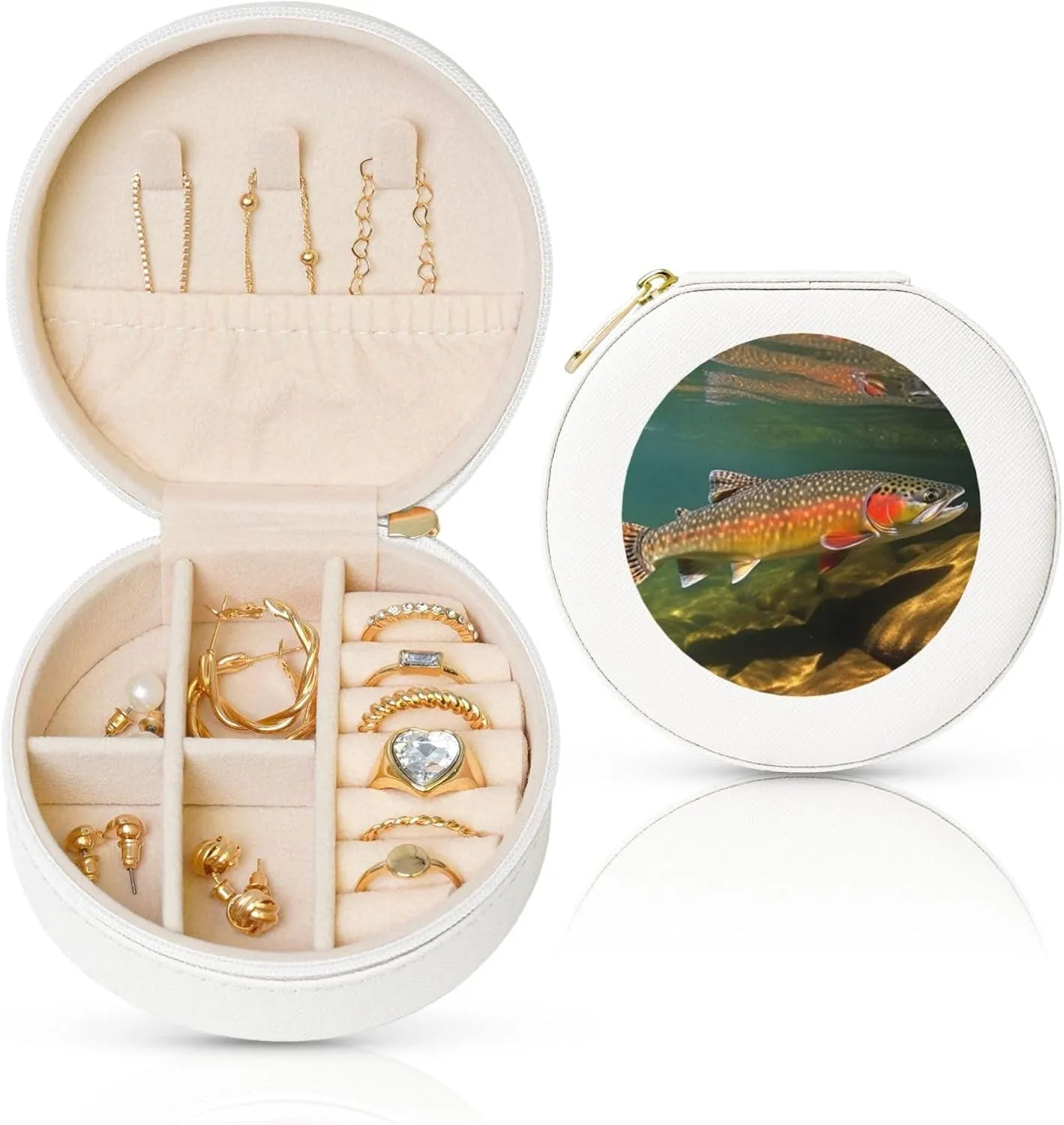 Small Jewelry Box Leather Travel Jewelry Case Waterproof Round Jewelry Organizer White For Womens Rings Necklaces Gifts Brook Trout Fly Fishing