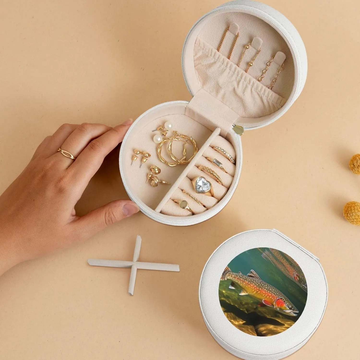 Small Jewelry Box Leather Travel Jewelry Case Waterproof Round Jewelry Organizer White For Womens Rings Necklaces Gifts Brook Trout Fly Fishing