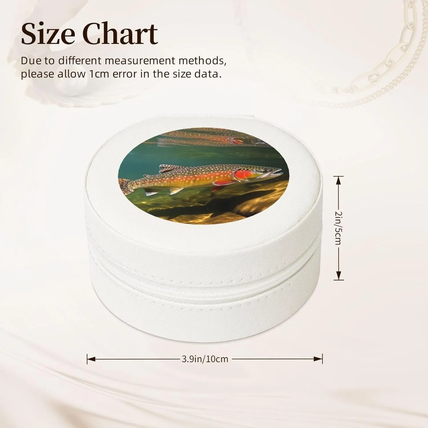 Small Jewelry Box Leather Travel Jewelry Case Waterproof Round Jewelry Organizer White For Womens Rings Necklaces Gifts Brook Trout Fly Fishing