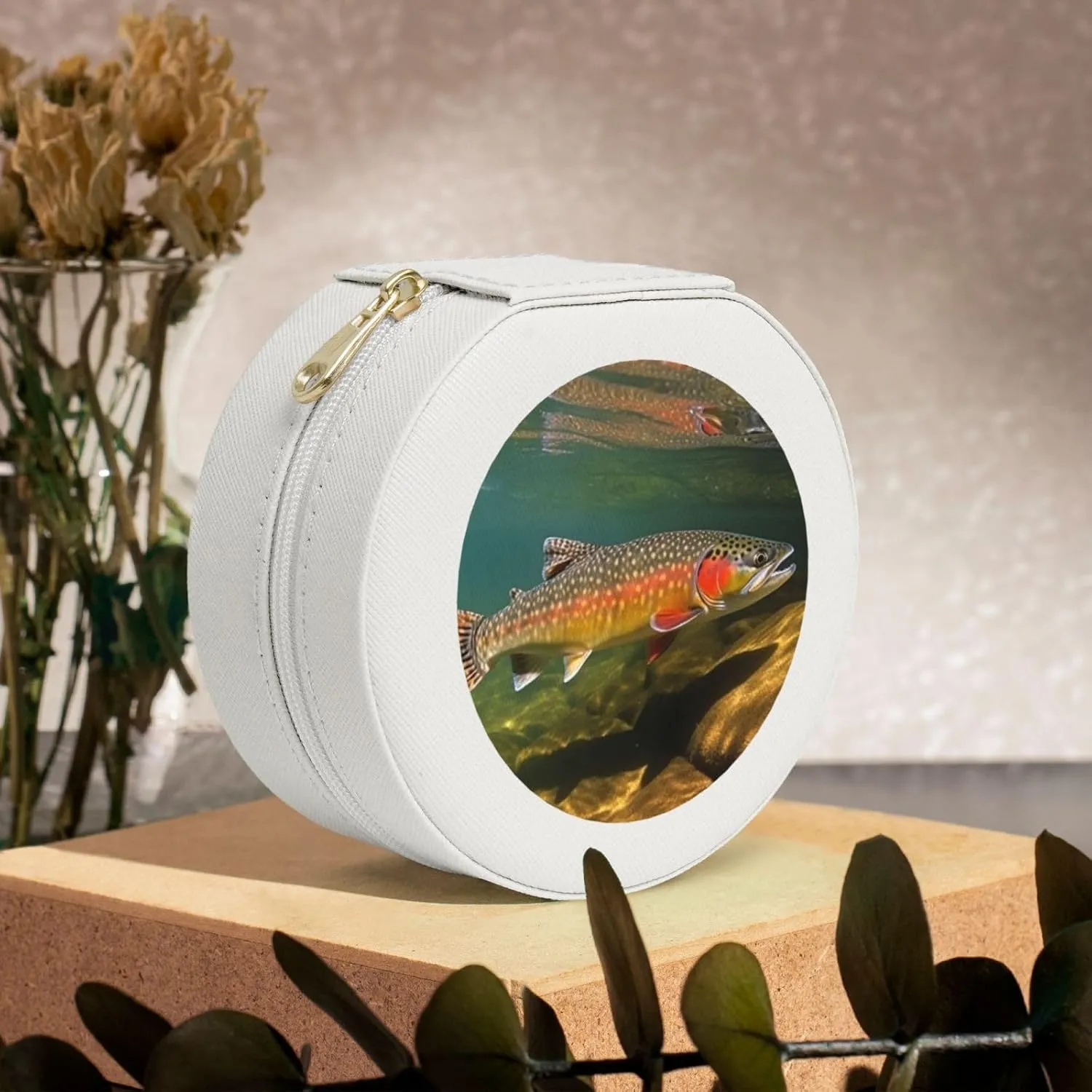 Small Jewelry Box Leather Travel Jewelry Case Waterproof Round Jewelry Organizer White For Womens Rings Necklaces Gifts Brook Trout Fly Fishing