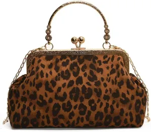 Small Leopard Suede Evening Clutch Purse with Chain Cheetah Print Kiss Lock Evening Tote Handbag and Purse Clutch Bag
