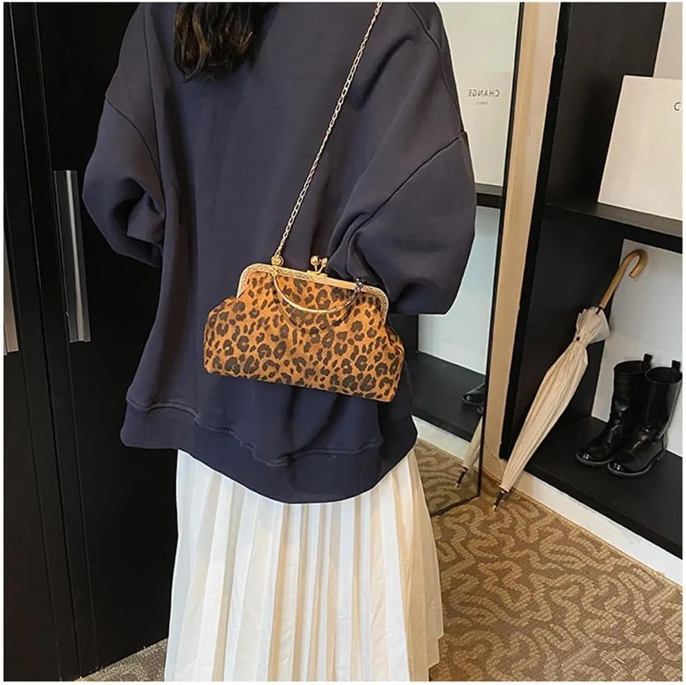 Small Leopard Suede Evening Clutch Purse with Chain Cheetah Print Kiss Lock Evening Tote Handbag and Purse Clutch Bag
