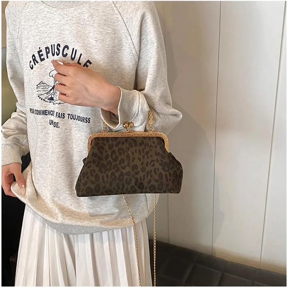 Small Leopard Suede Evening Clutch Purse with Chain Cheetah Print Kiss Lock Evening Tote Handbag and Purse Clutch Bag