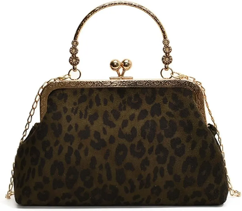 Small Leopard Suede Evening Clutch Purse with Chain Cheetah Print Kiss Lock Evening Tote Handbag and Purse Clutch Bag