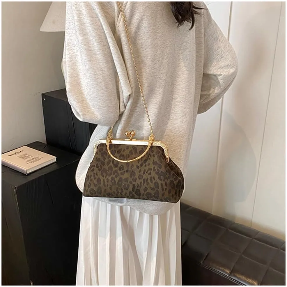 Small Leopard Suede Evening Clutch Purse with Chain Cheetah Print Kiss Lock Evening Tote Handbag and Purse Clutch Bag
