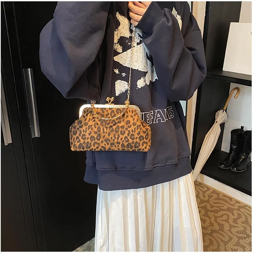 Small Leopard Suede Evening Clutch Purse with Chain Cheetah Print Kiss Lock Evening Tote Handbag and Purse Clutch Bag