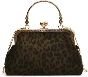 Small Leopard Suede Evening Clutch Purse with Chain Cheetah Print Kiss Lock Evening Tote Handbag and Purse Clutch Bag