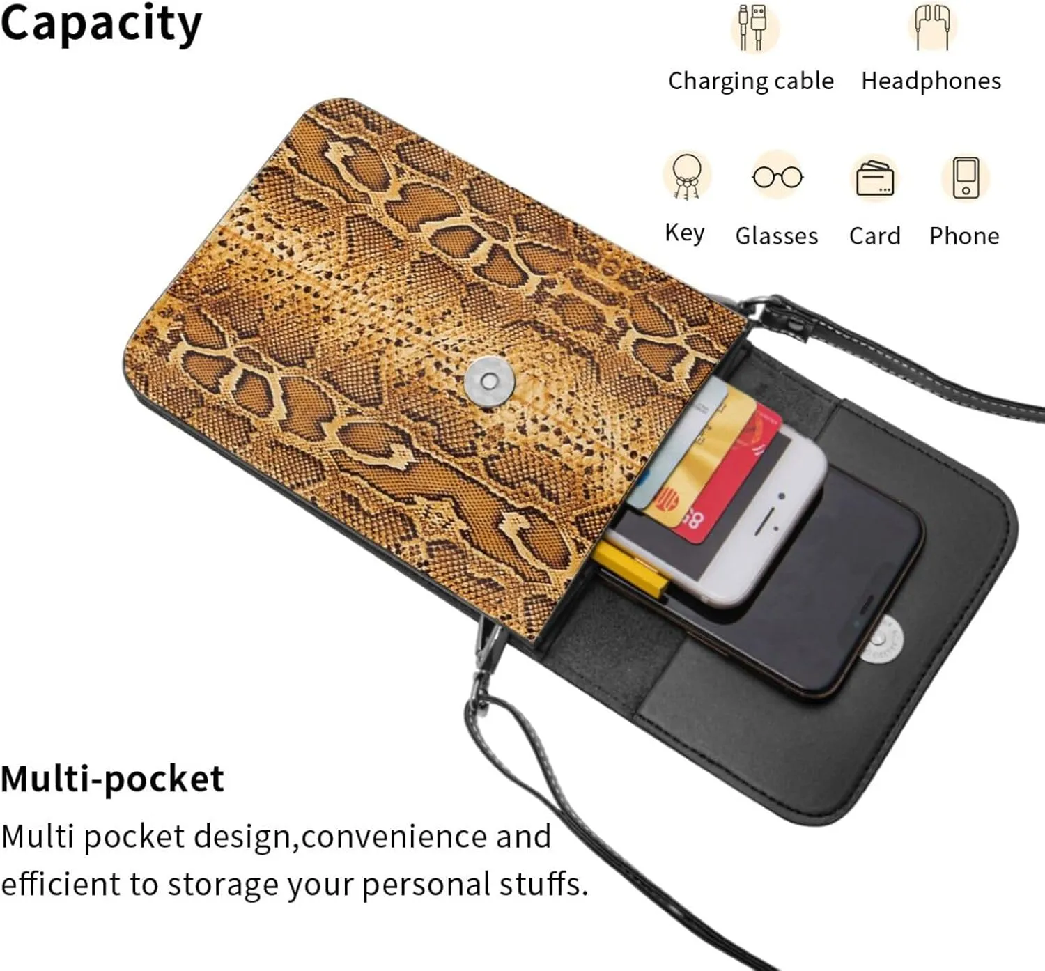 Snake Skin Python Pattern Woman Crossbody Bags Leather One Shoulder Handbags Wallet Adjustable Strap Cell Phone Purse