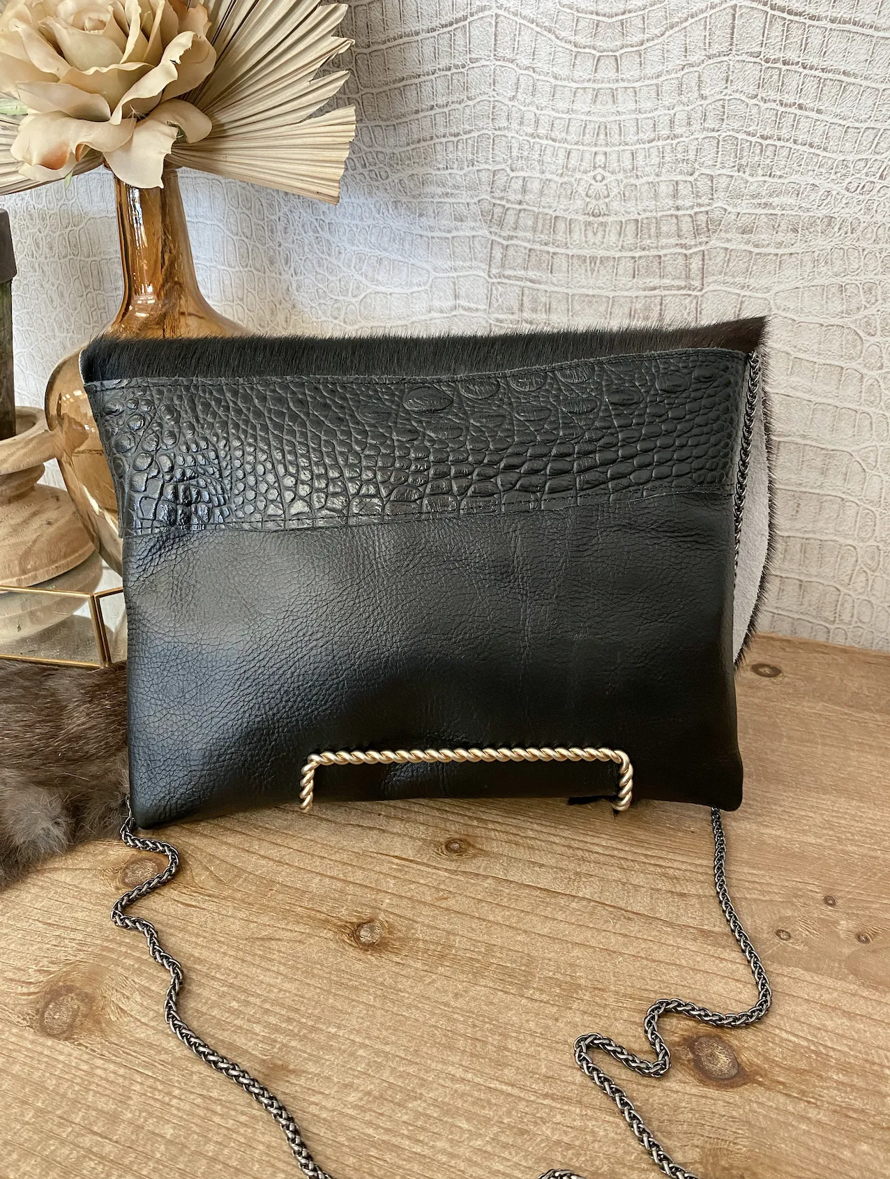 Solid Black with Black Hide Flap Clutch/Crossbody