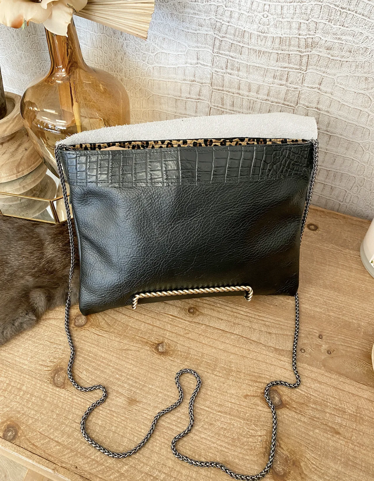 Solid Black with Black Hide Flap Clutch/Crossbody