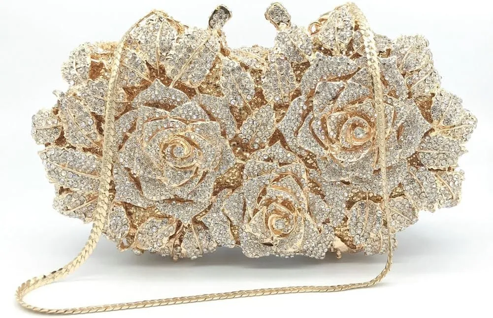 Solyinne Evening Bag for Woman Rose Flower Rhinestone Purse Party Wedding Cocktail Handbags Bling Purse
