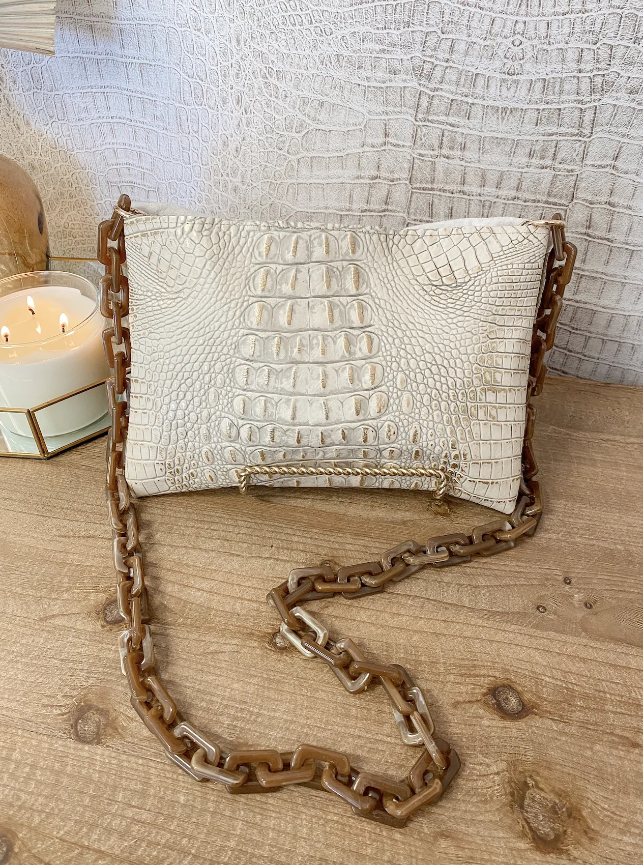 Springbok Flap With White/Gold Croc Body Clutch/Crossbody