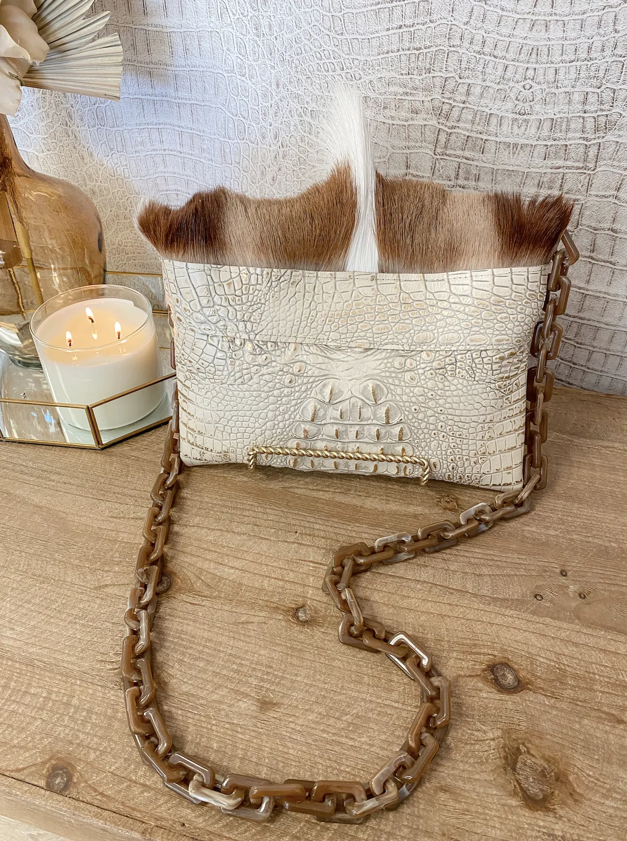 Springbok Flap With White/Gold Croc Body Clutch/Crossbody