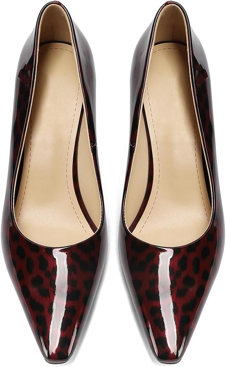 Square Toe Stiletto Heel Patent Leather Leopard Print Pumps for Women Slip On Comfortable Horseshoe Heels