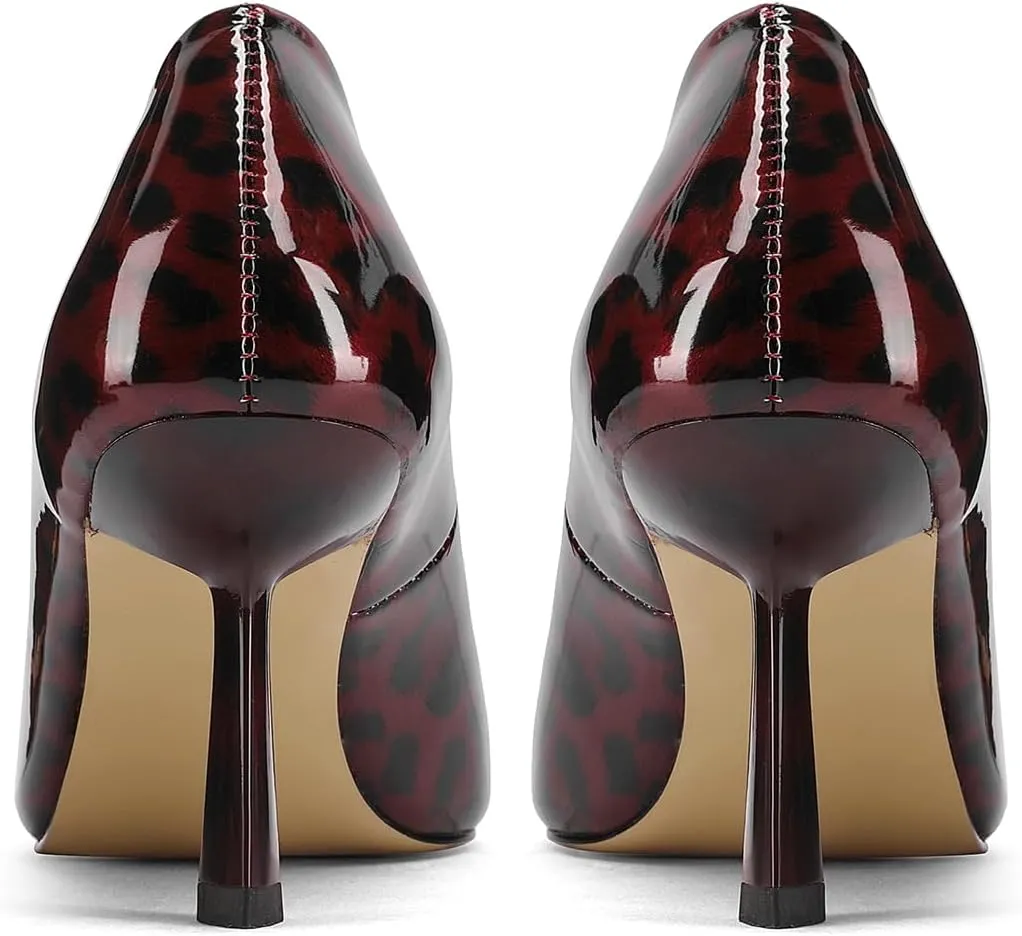 Square Toe Stiletto Heel Patent Leather Leopard Print Pumps for Women Slip On Comfortable Horseshoe Heels